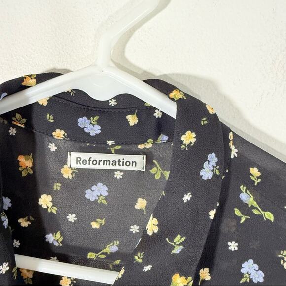 Reformation Violet Black Floral Semi Sheer Long Sleeve Button Up Blouse Small - Picture 7 of 15